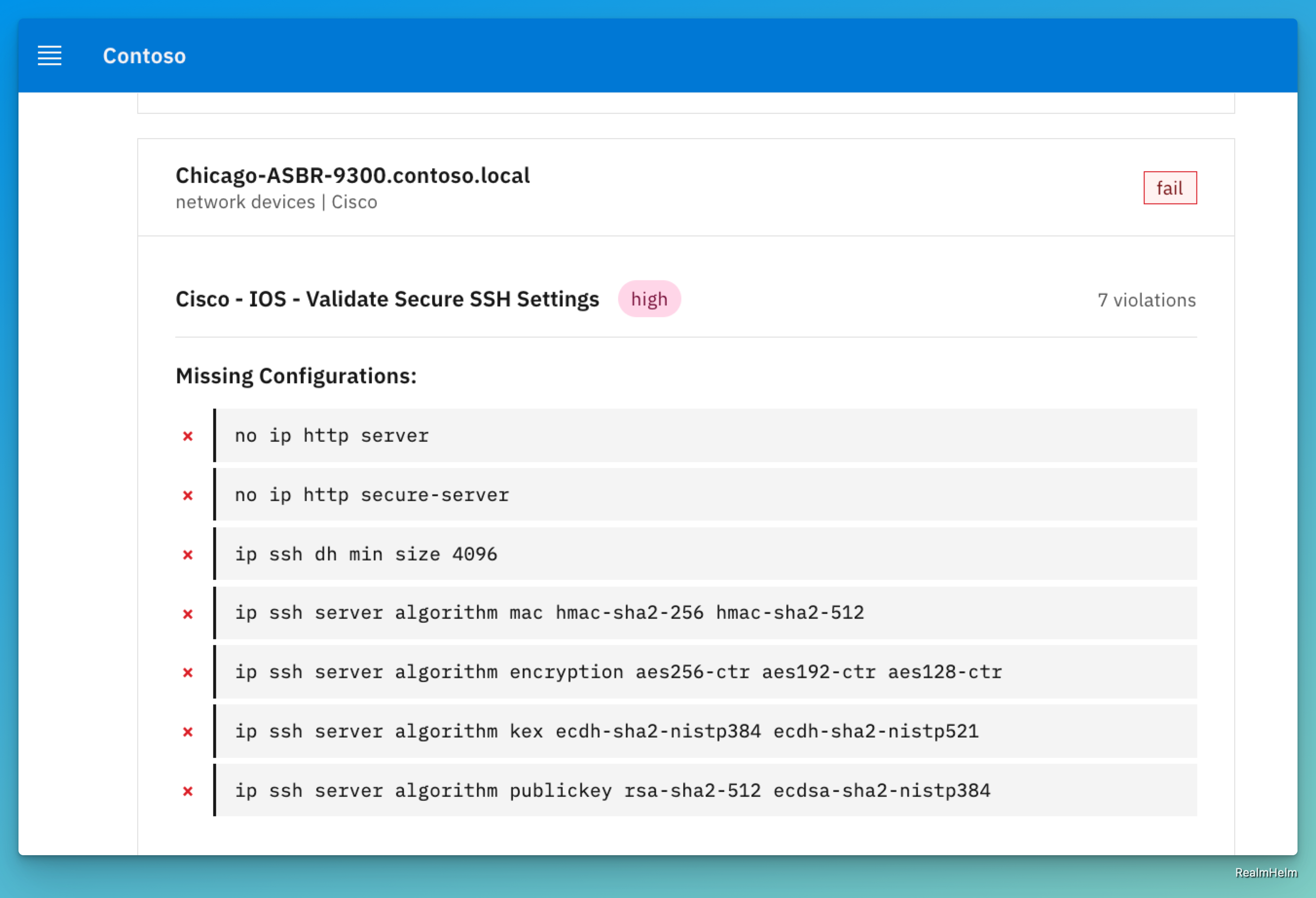 Compliance violation details showing missing SSH configurations