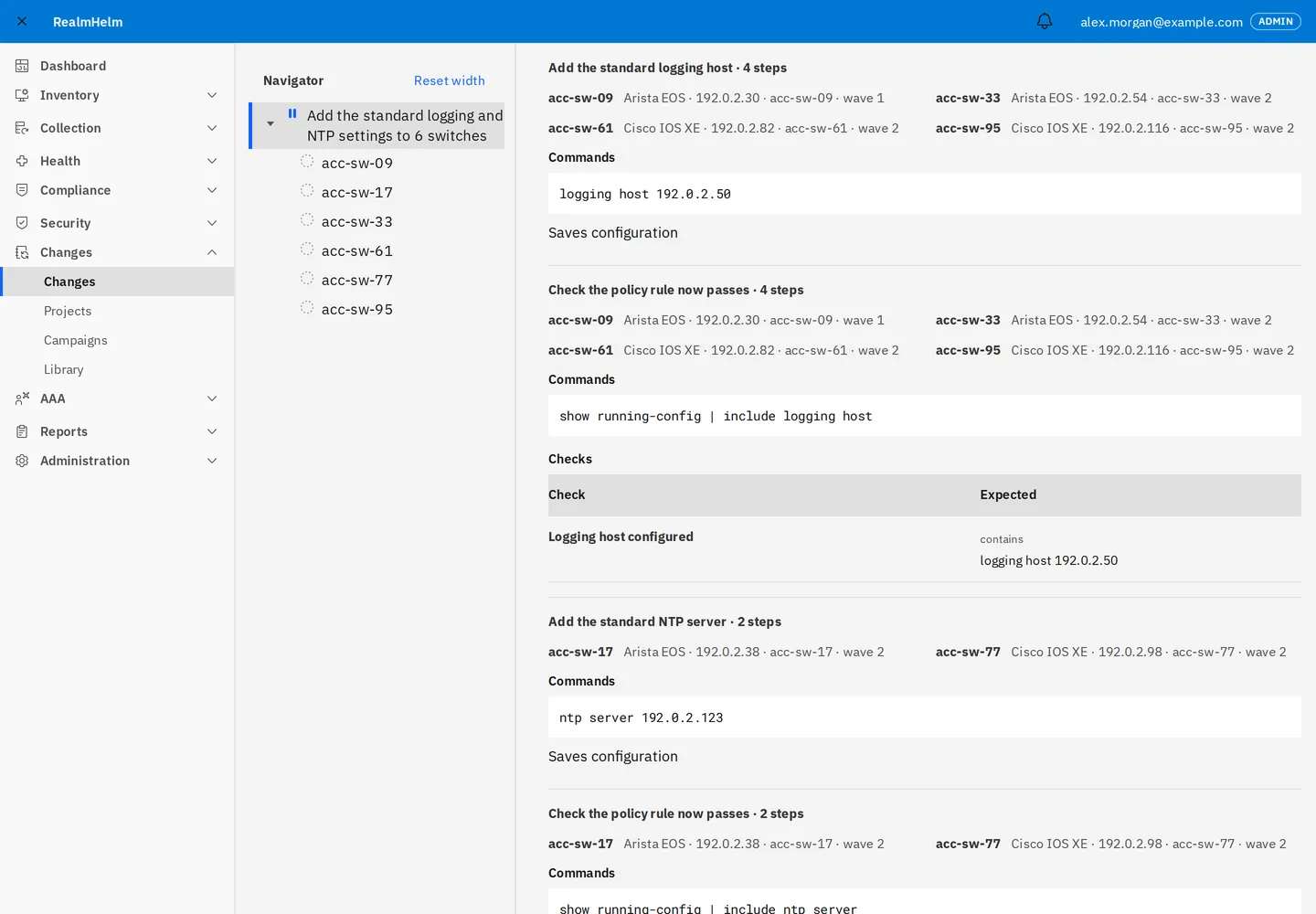 Change review in RealmHelm: add the standard logging host to four switches and the NTP server to two. They run Arista EOS and Cisco IOS XE, and each has a check.