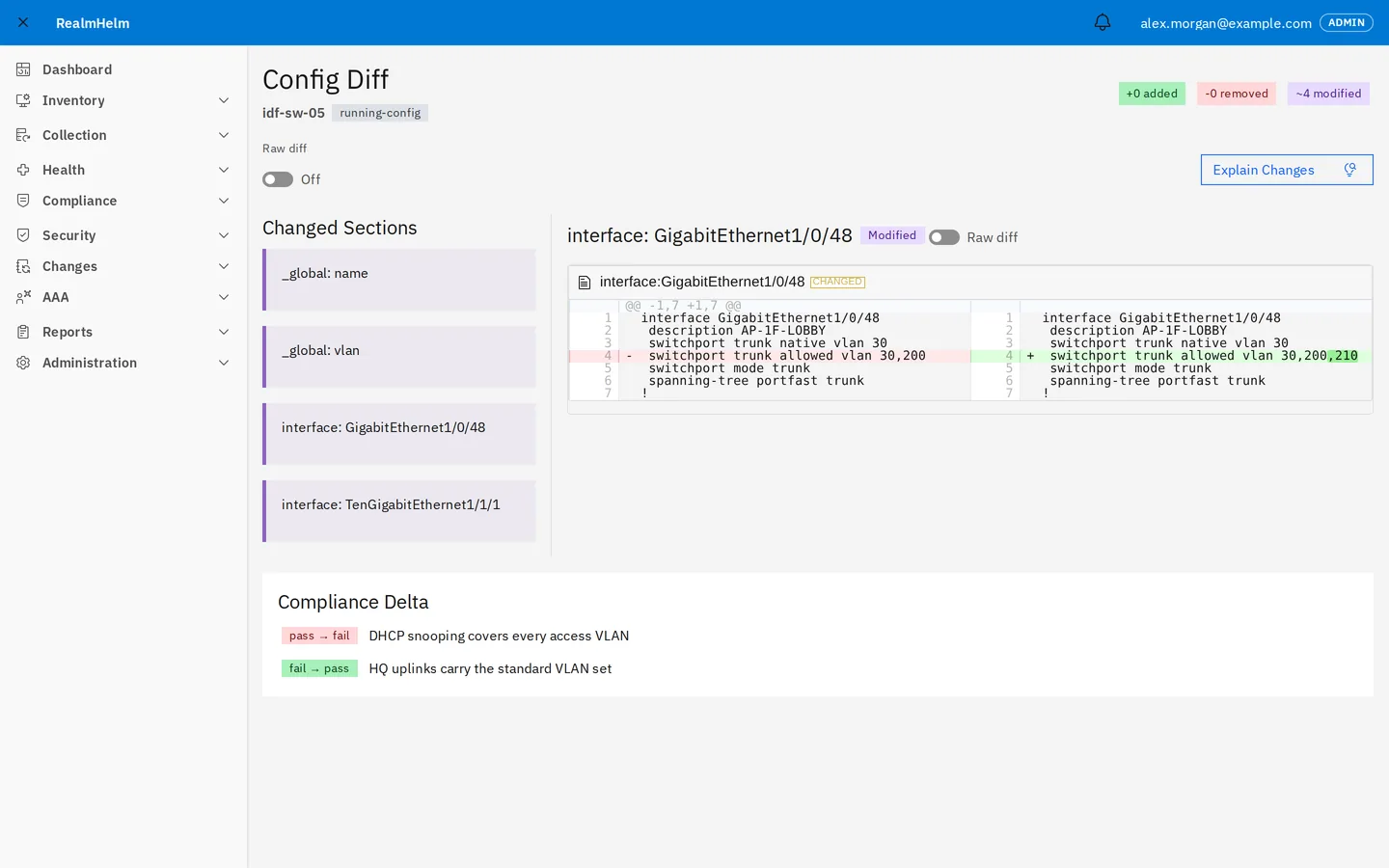 Configuration diff for idf-sw-05: four changed sections, the changed interface lines side by side, and two compliance rules whose result changed.