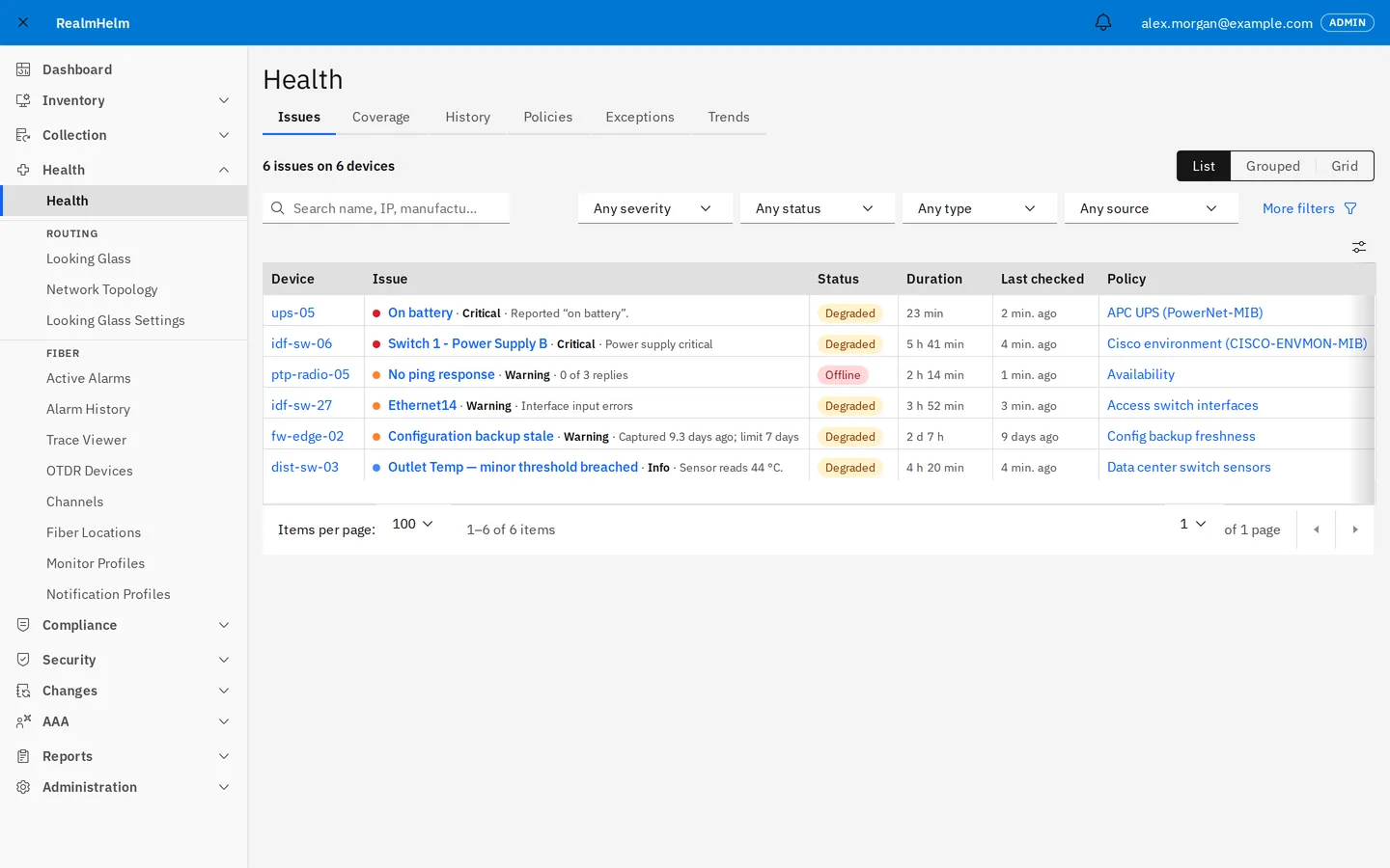 RealmHelm health issues: six open issues, including a UPS on battery, a failed power supply and a stale configuration backup.