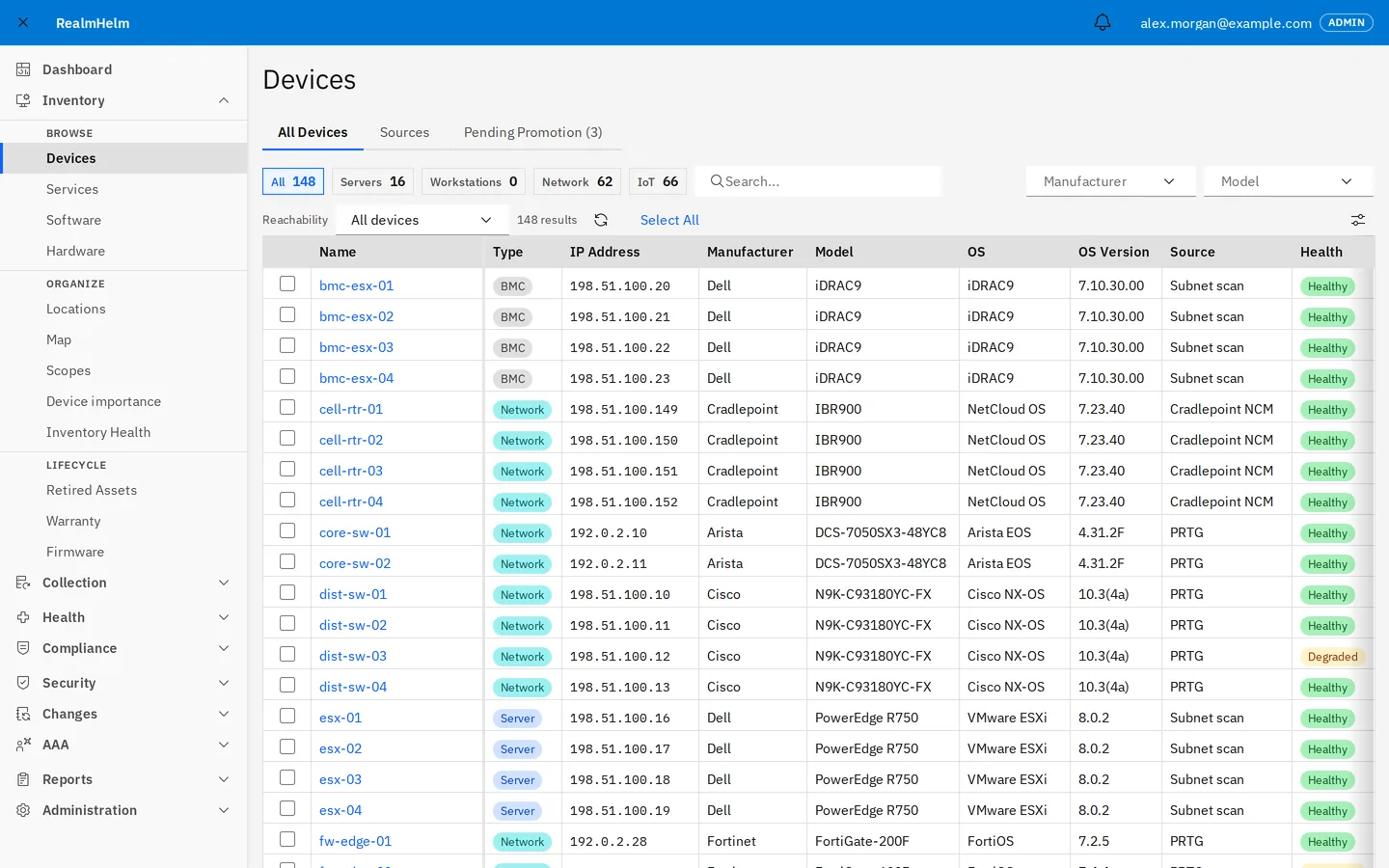RealmHelm device inventory: 148 devices from several sources, with type, address, model, OS version, source and health.