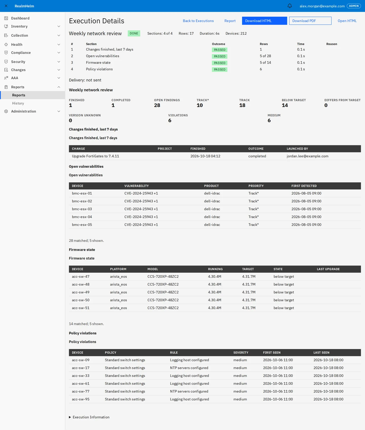 Weekly operations report with health, vulnerability, availability, and configuration sections.
